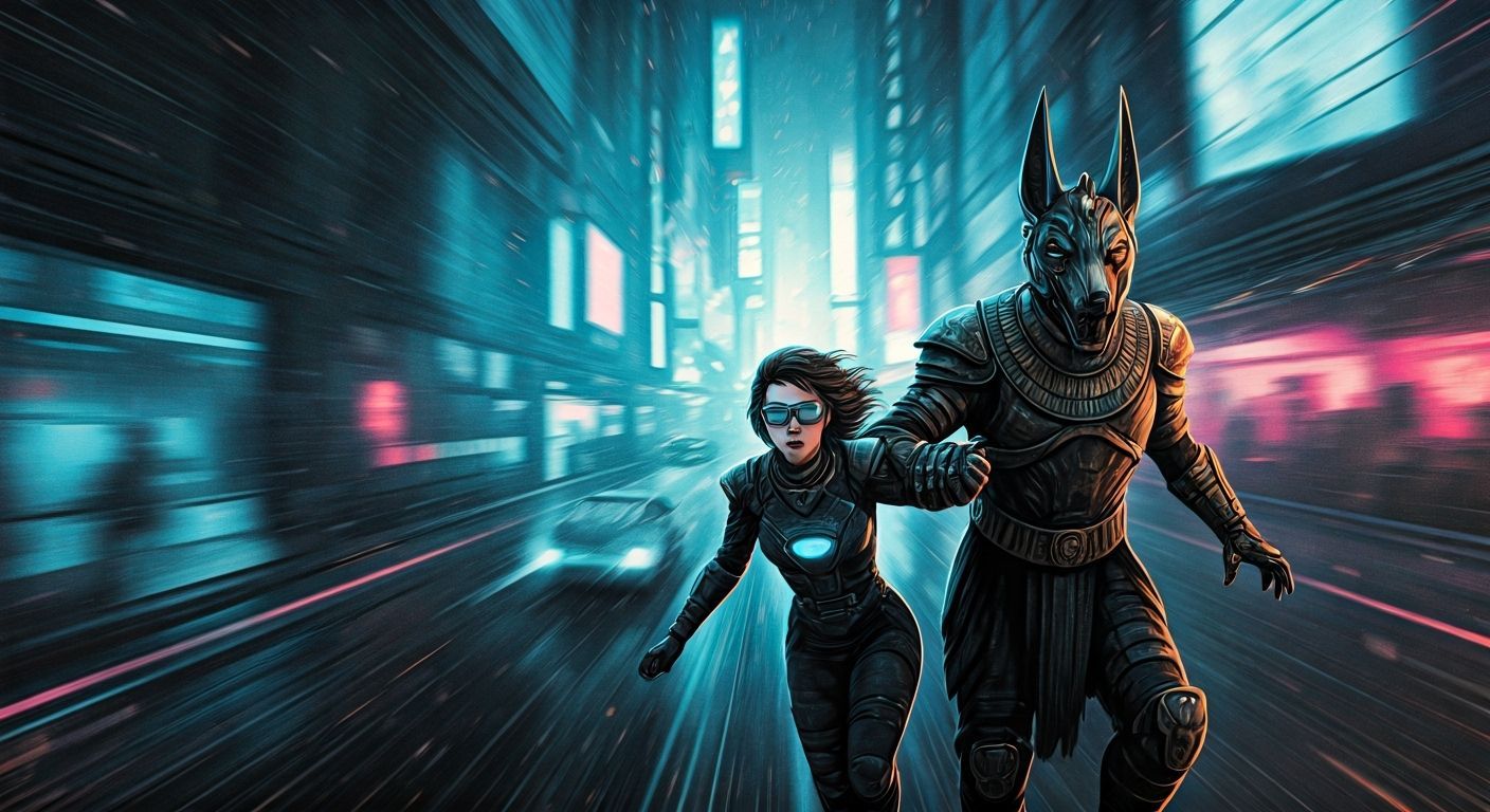 Anubis and Ashildr Flee Cyberpunk City Alleyways
