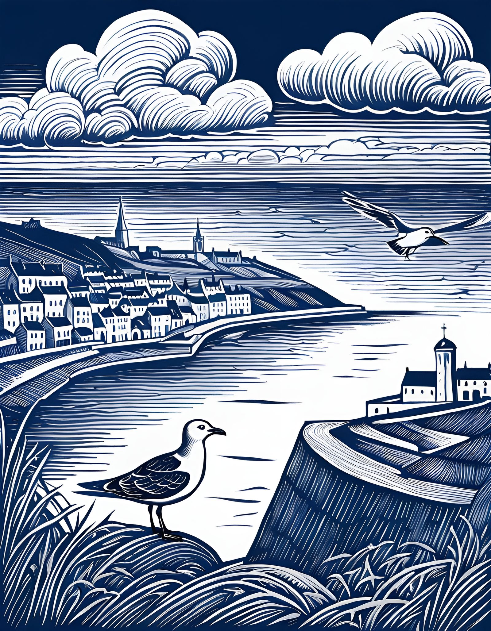 Fecamp Seaport Linocut Print in Blue and White