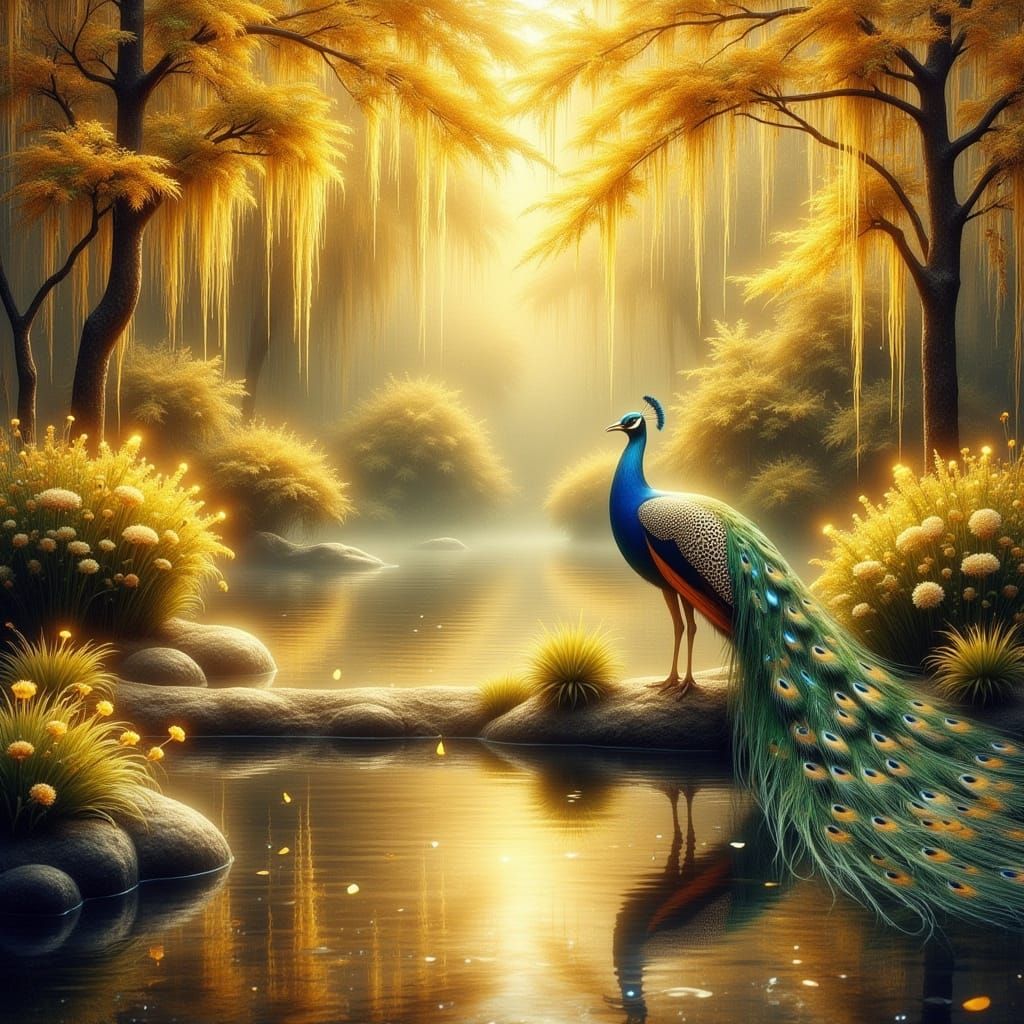 Surreal Oriental Garden with Radiant Peacock