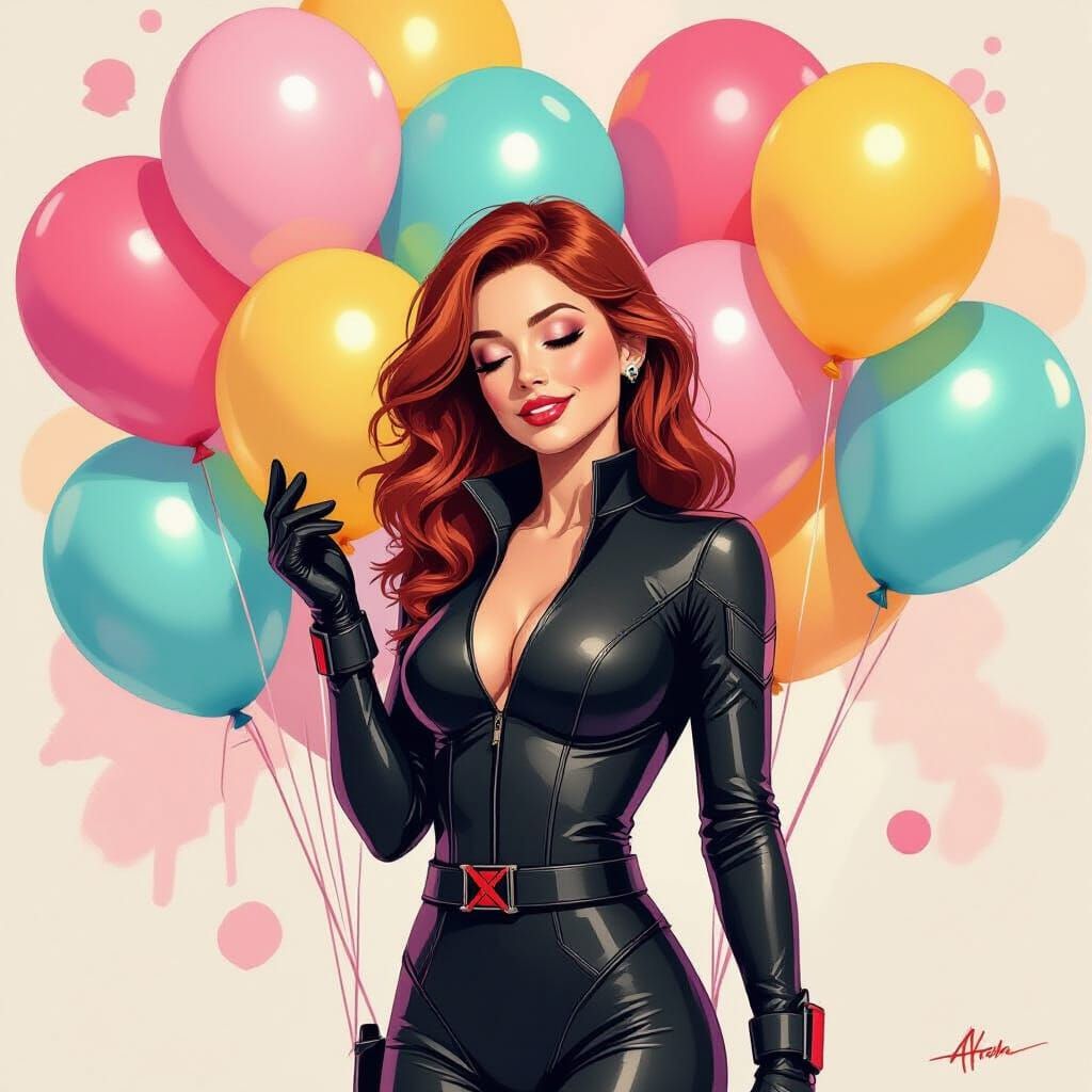Black Widow Snuggles Balloons in Dreamy Digital Art
