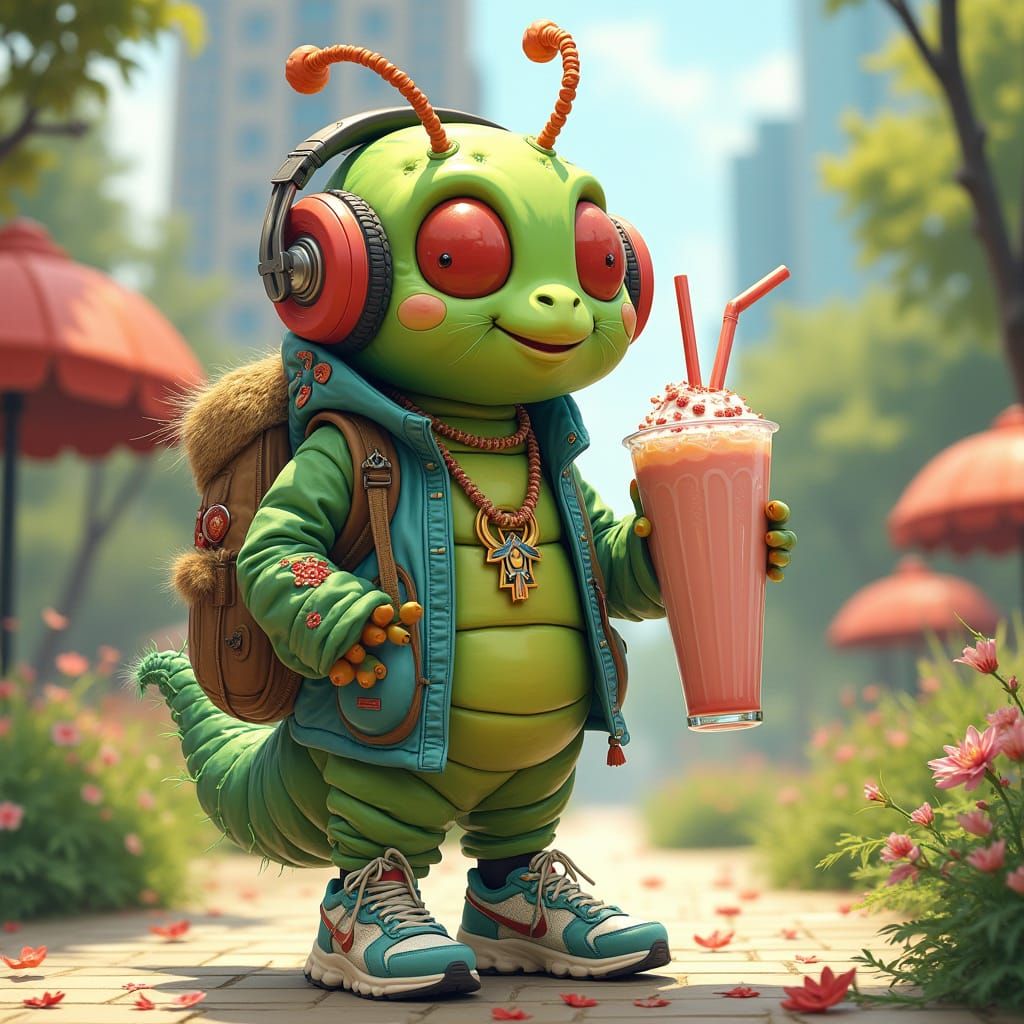 Trendy Caterpillar with Milkshake in City Park