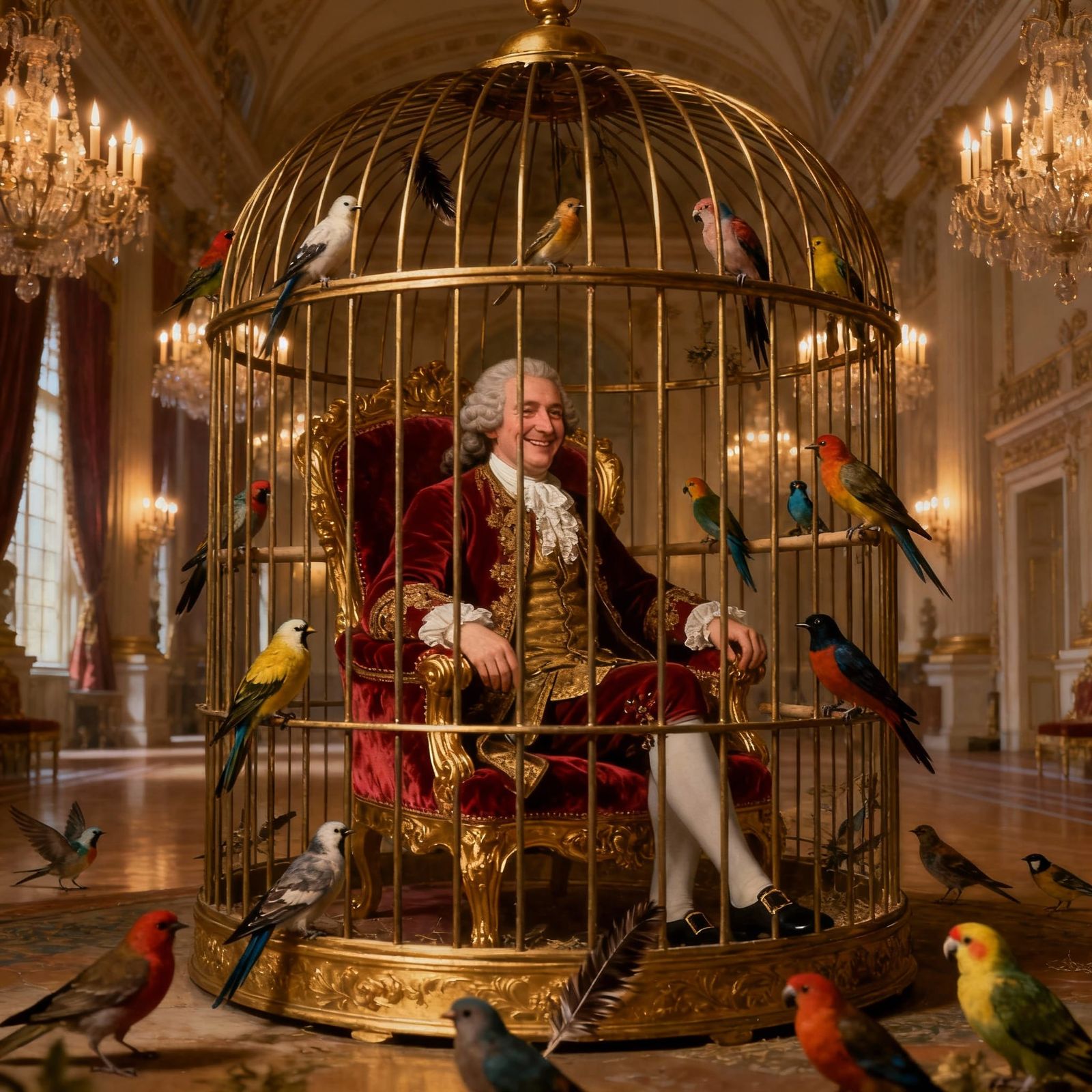 King George III Smiling Inside a Grand Birdcage