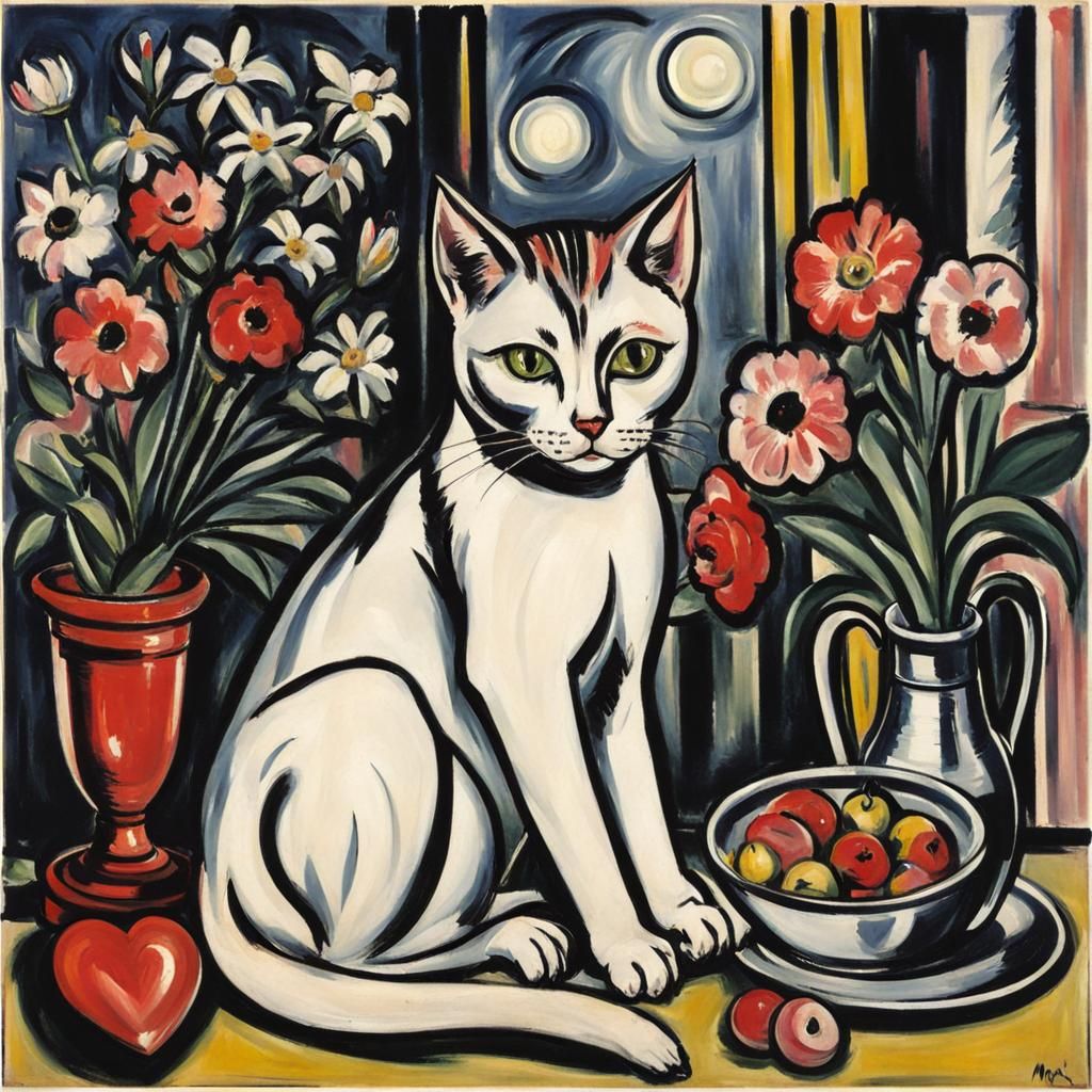 Whimsical Beckmann-Inspired Cat in Floral Oasis