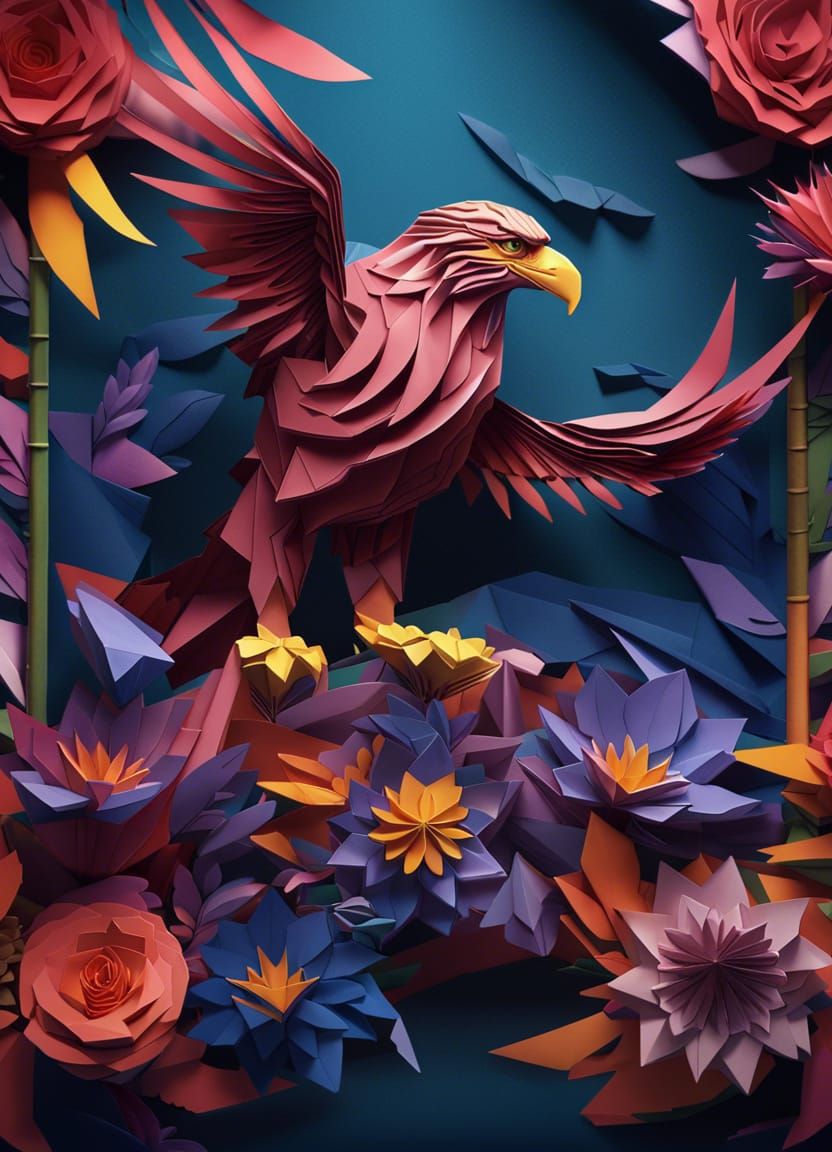 Intricate Origami Eagle and Flowers Artwork