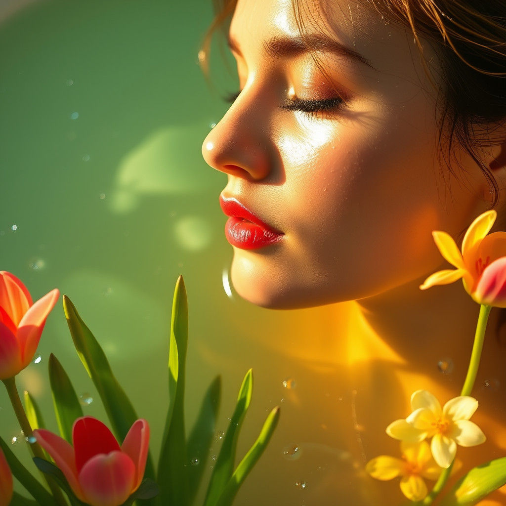 Serene Woman Surrounded by Tulips in Hyper-Realistic Style
