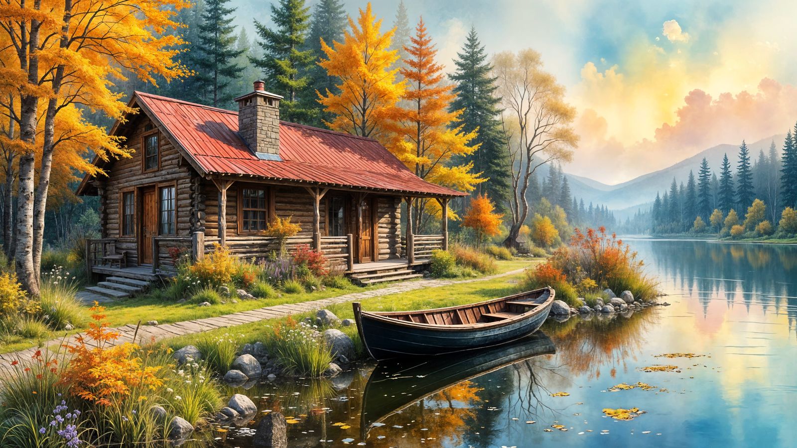 Cozy Cabin by Lake: Impasto Oil Painting