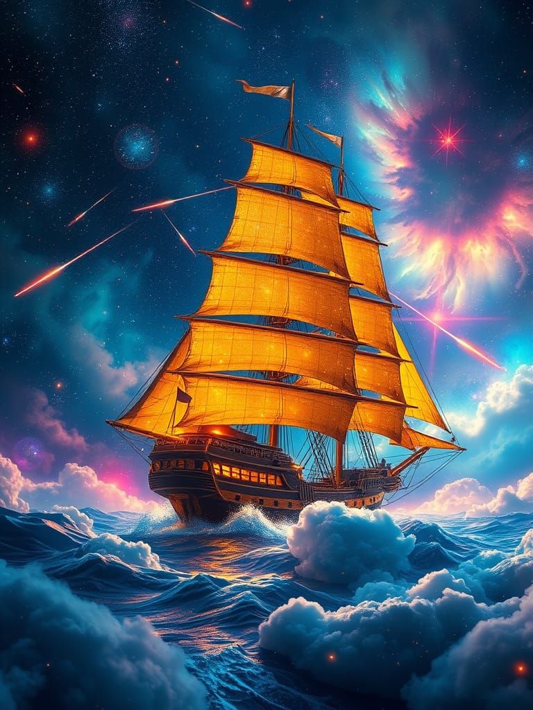 Golden Frigate Navigates Neon Cosmos in Alcohol-Ink Style