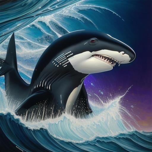Orcas and Sharks in Surreal Expressionist Style