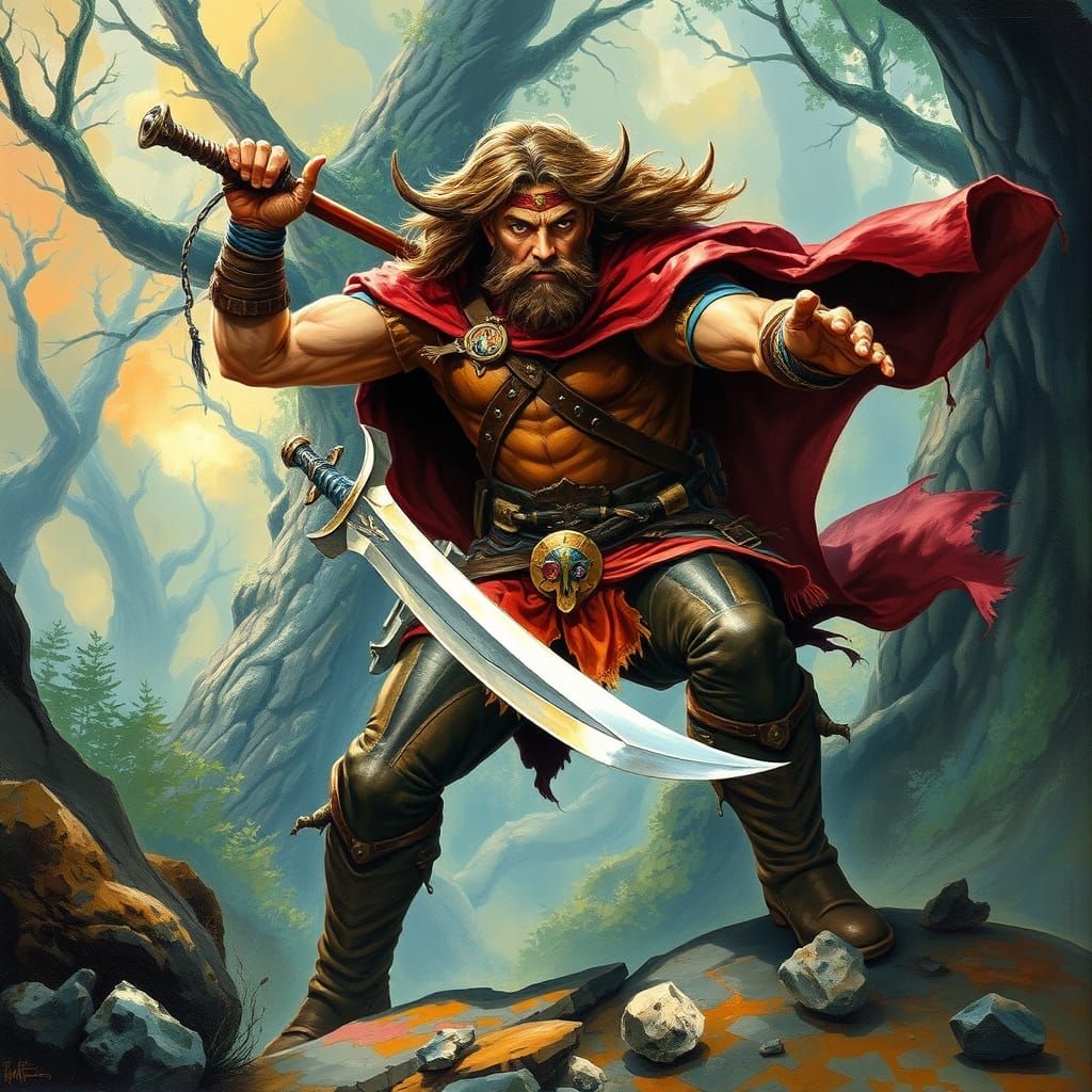 Fantasy Warrior in Mystical Forest, Frazetta Style