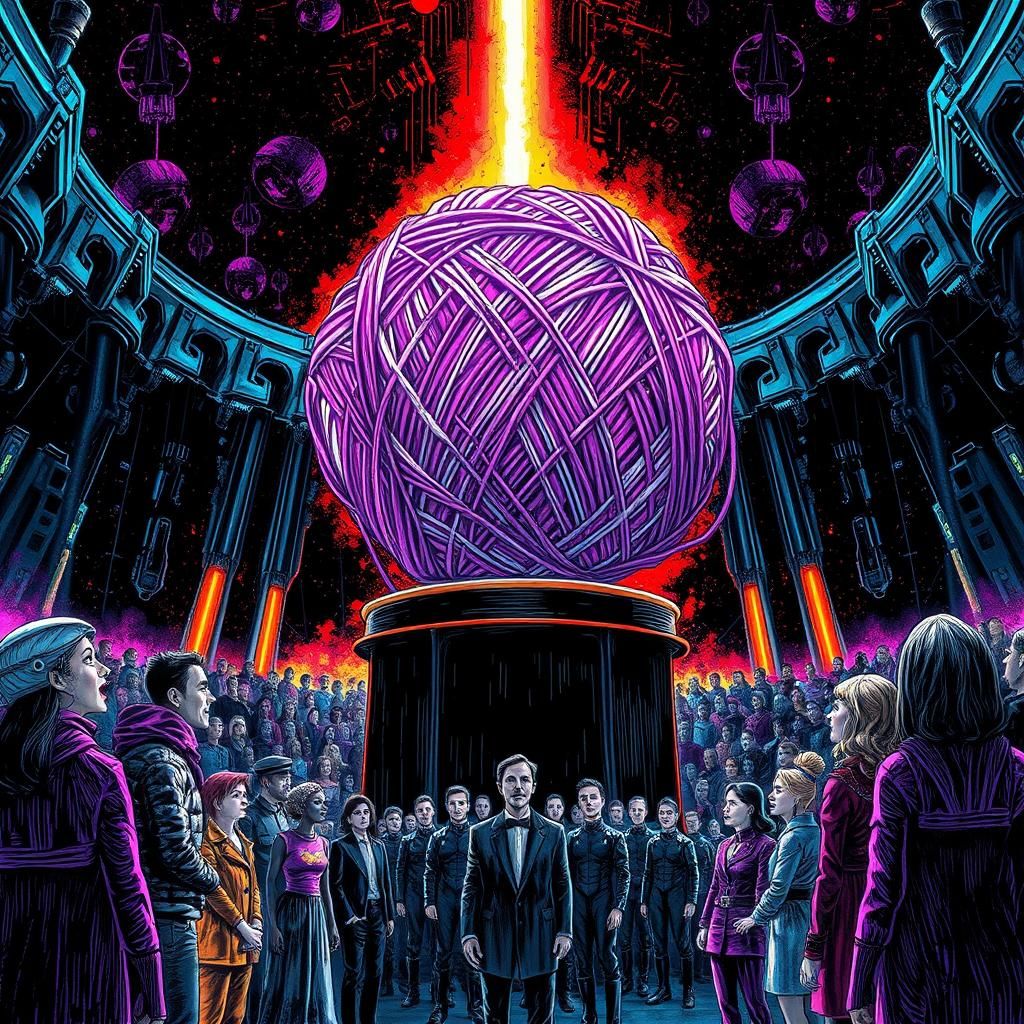 Otherworldly Yarn Ball Display in Pen Drawing Style