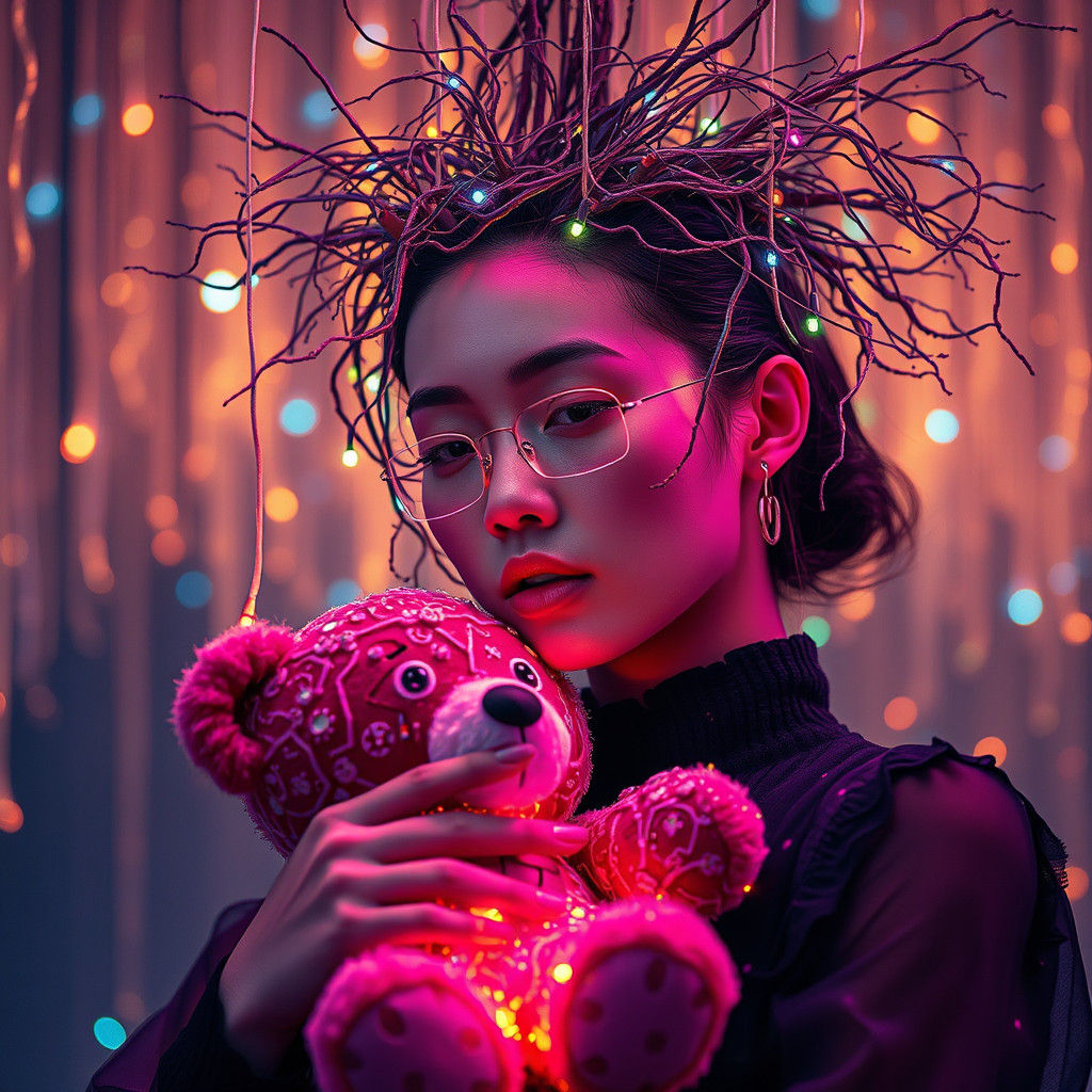 a head hanging by strings through the ceiling, in the style of dark magenta and dark gold, organically inspired body art...