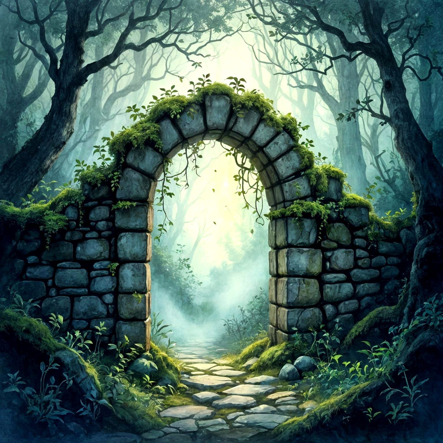 Ancient Mossy Archway in Misty Forest, Watercolor Style