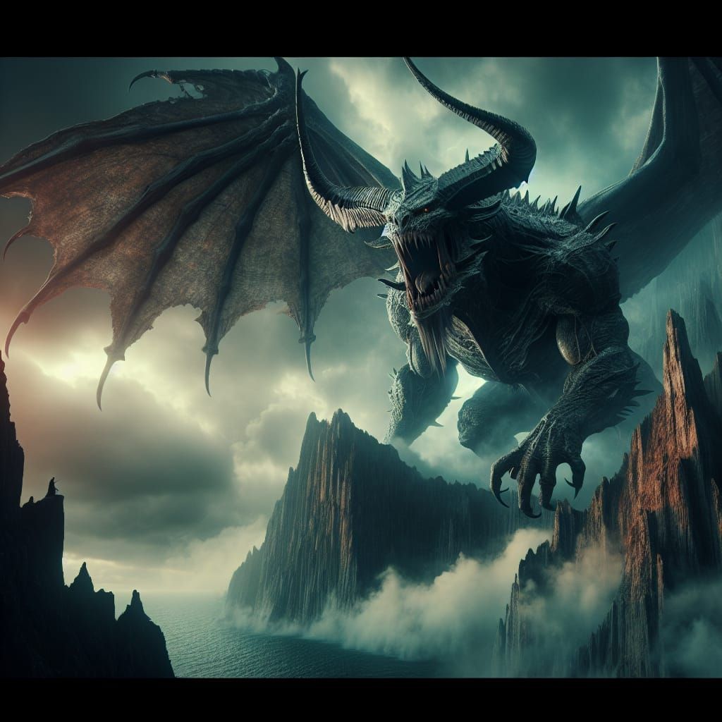 Dark Fantasy Demon Emerges from Cliff Cave