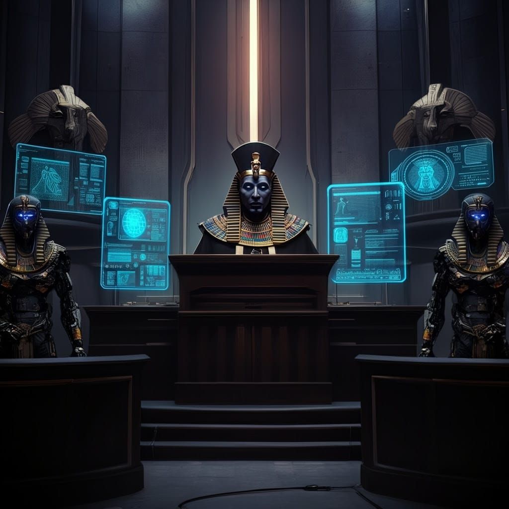 Cyberpunk Judges Enforce Law in Futuristic Heru-Set Courtroo...