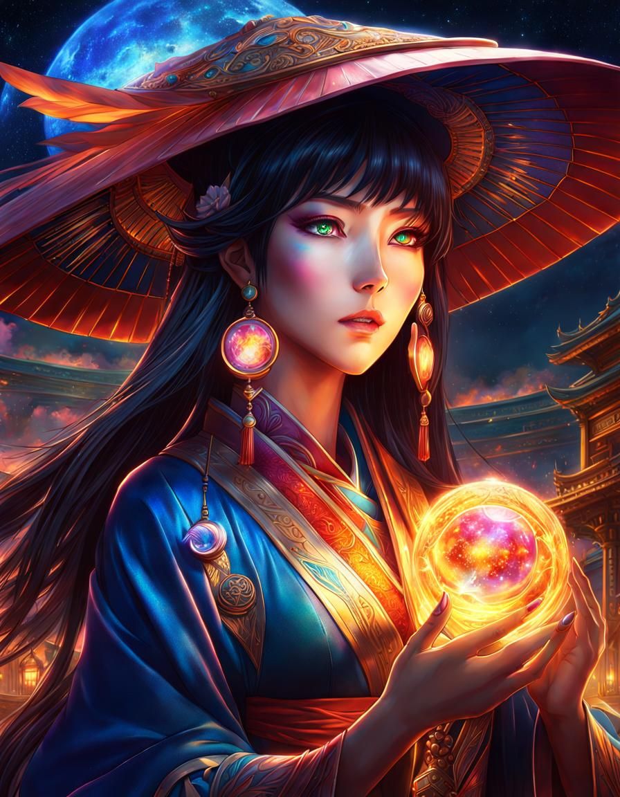 Anime Sorceress in Cosmic Digital Art Style