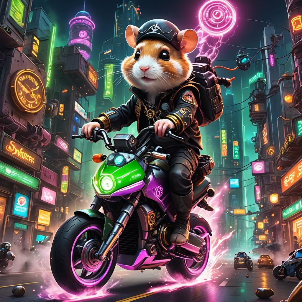 Cyberpunk Pirate Hamster on Futuristic Motorcycle