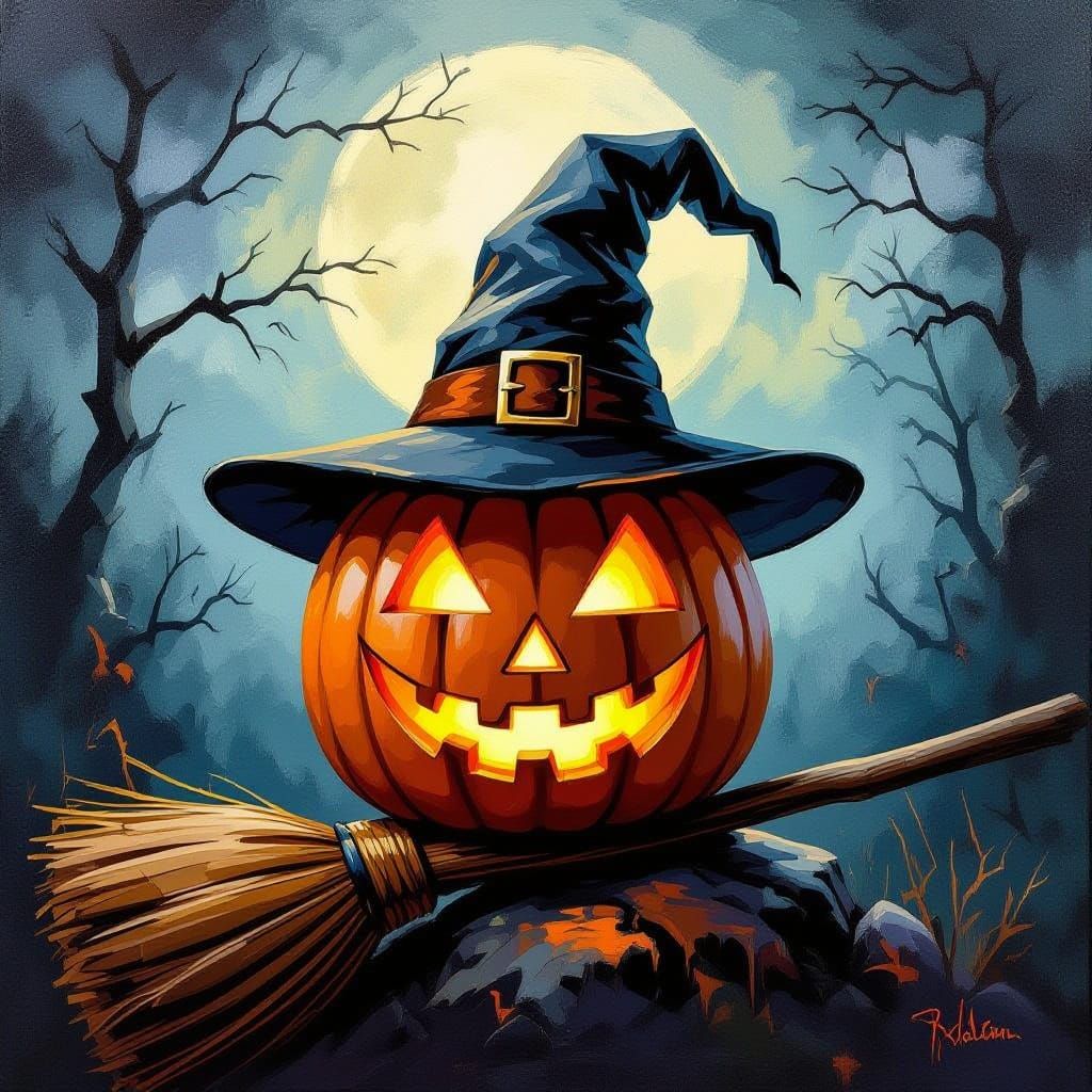 Spooky Jack-o'-Lantern on Witch's Broomstick Oil Painting