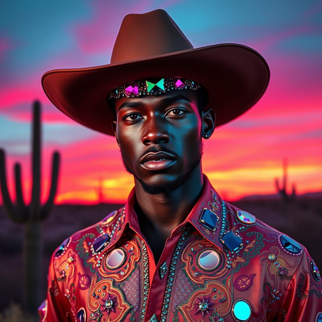 Gemstone Cowboy in Twilight Desert, Afro-Futurism
