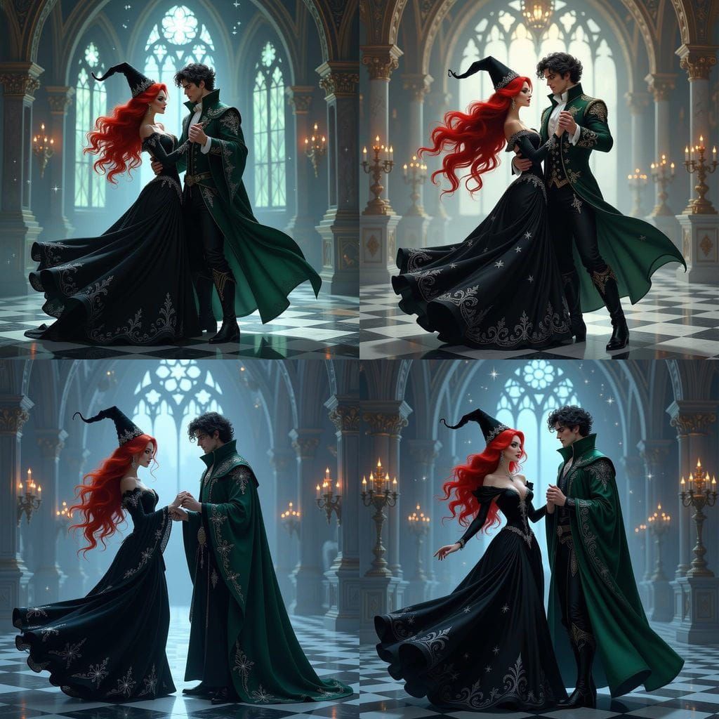 Witch and Wizard Dancing in Gothic Ballroom