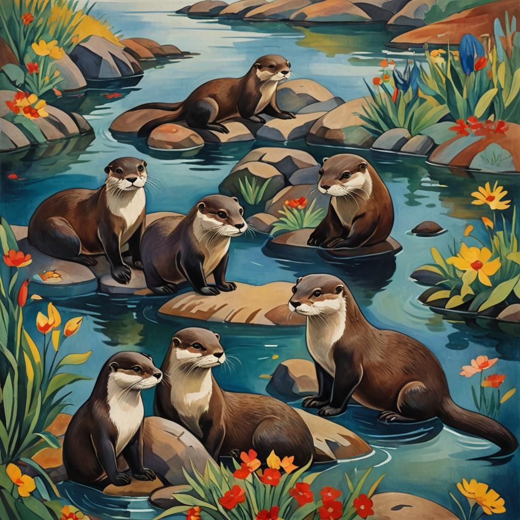 Expressive Otters in Colorful Expressionist Style
