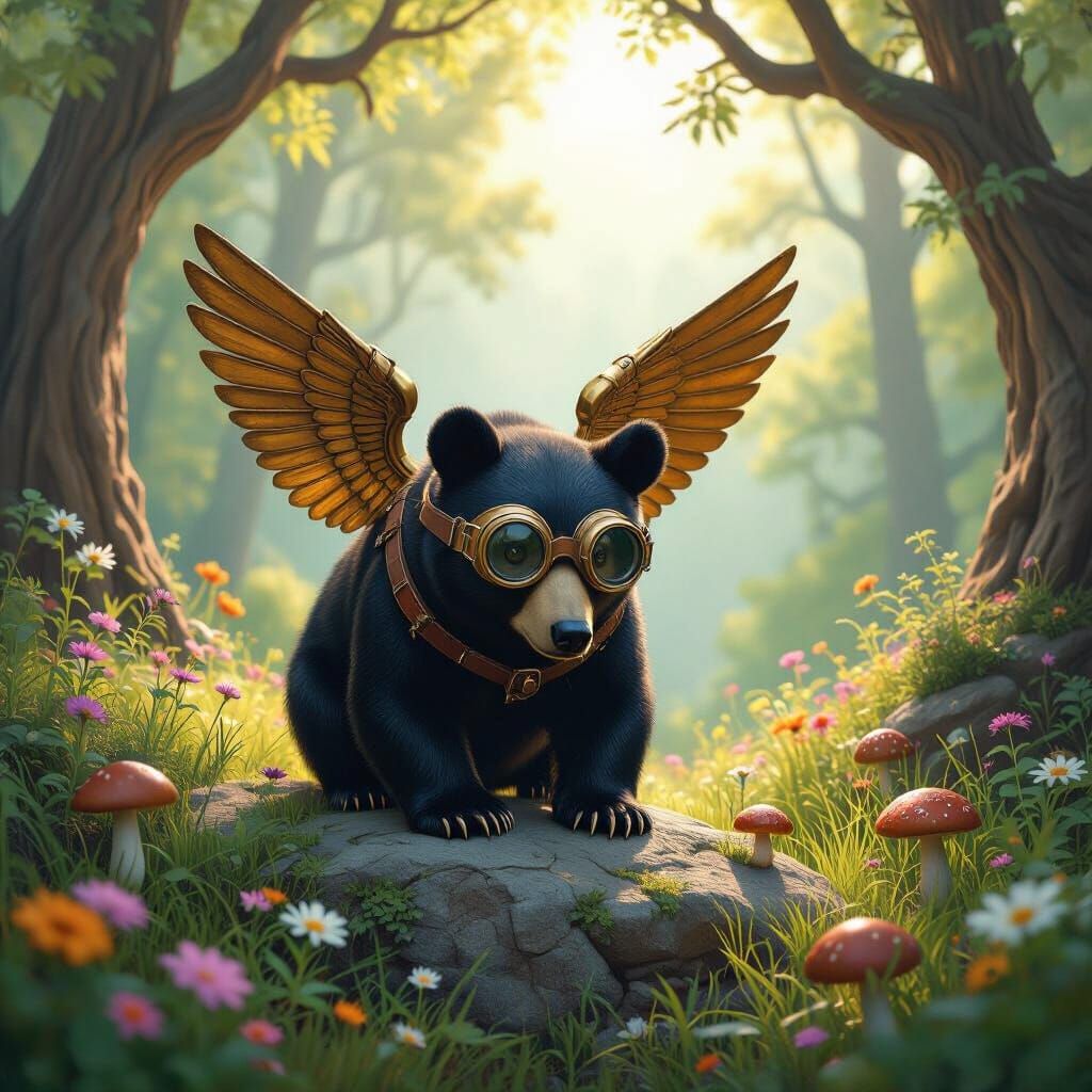 Black Bear in Brass Wings Over Forest Clearing