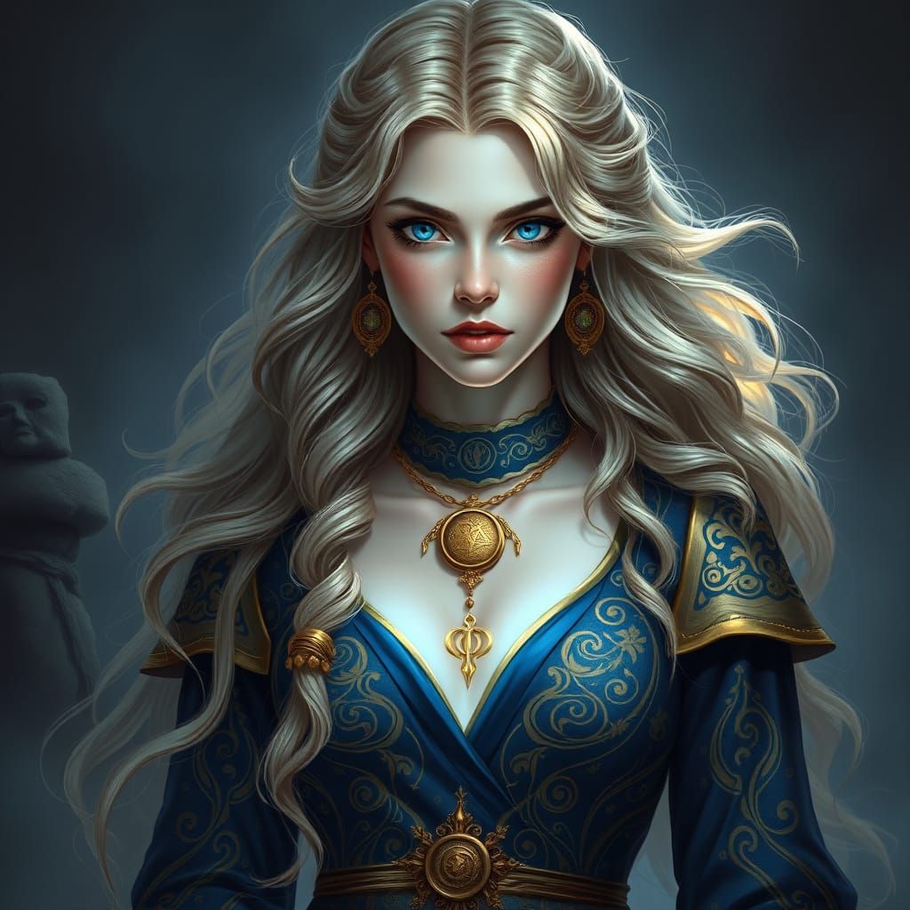 Ethereal Sorceress in Majestic Blue and Gold Attire