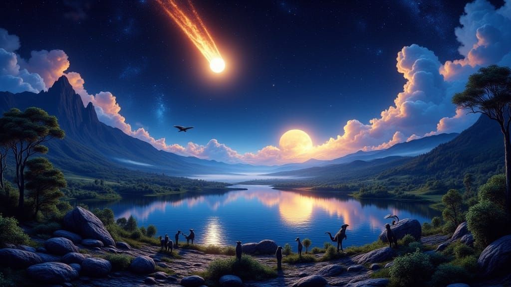 Prehistoric Earth Landscape with Dinosaurs and Comet