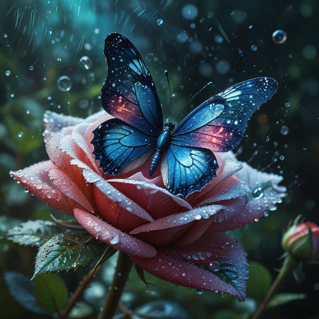 Water Butterfly on Dew Covered Rose in Fantasy Style