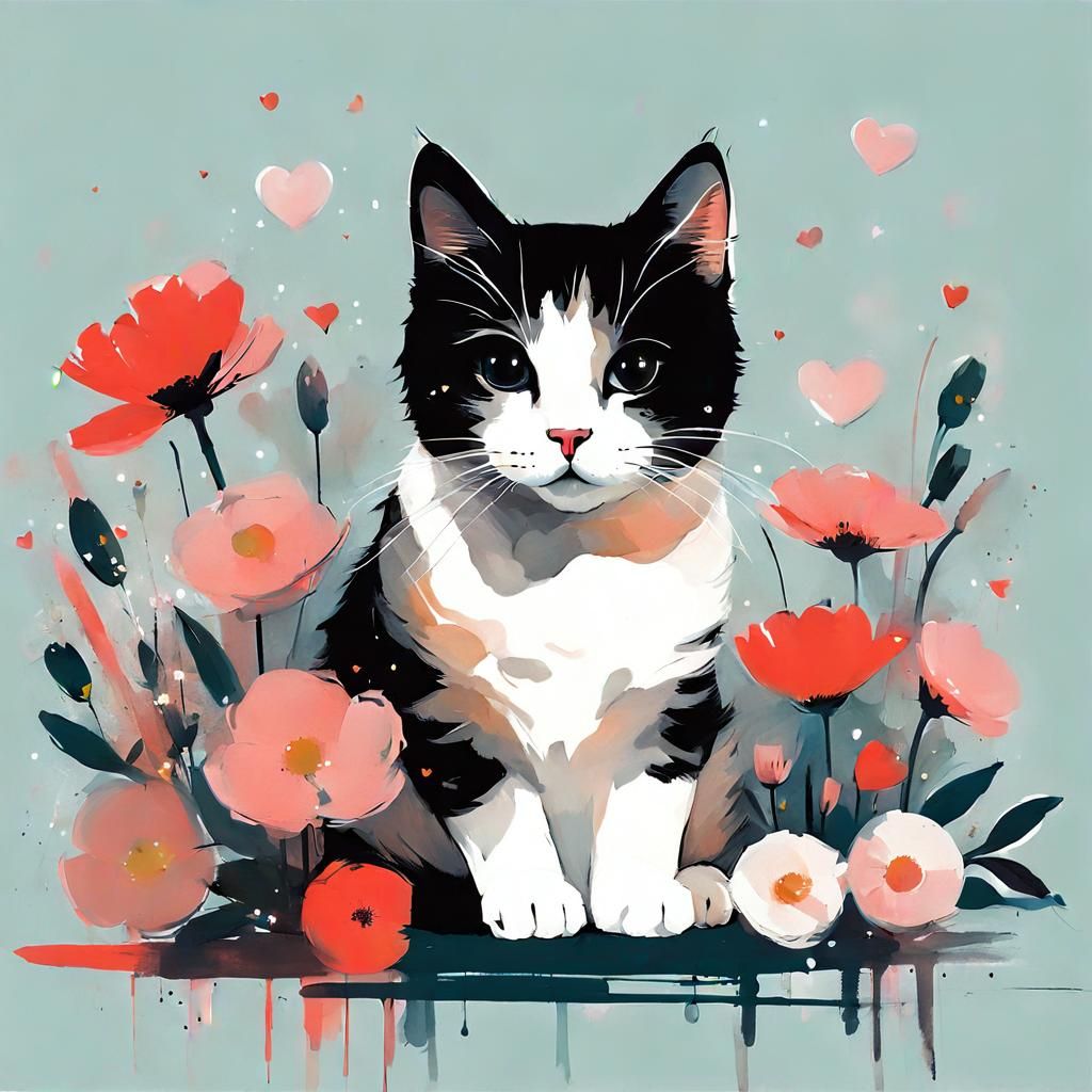 Cat on Pillow with Flowers, Expressive Digital Art