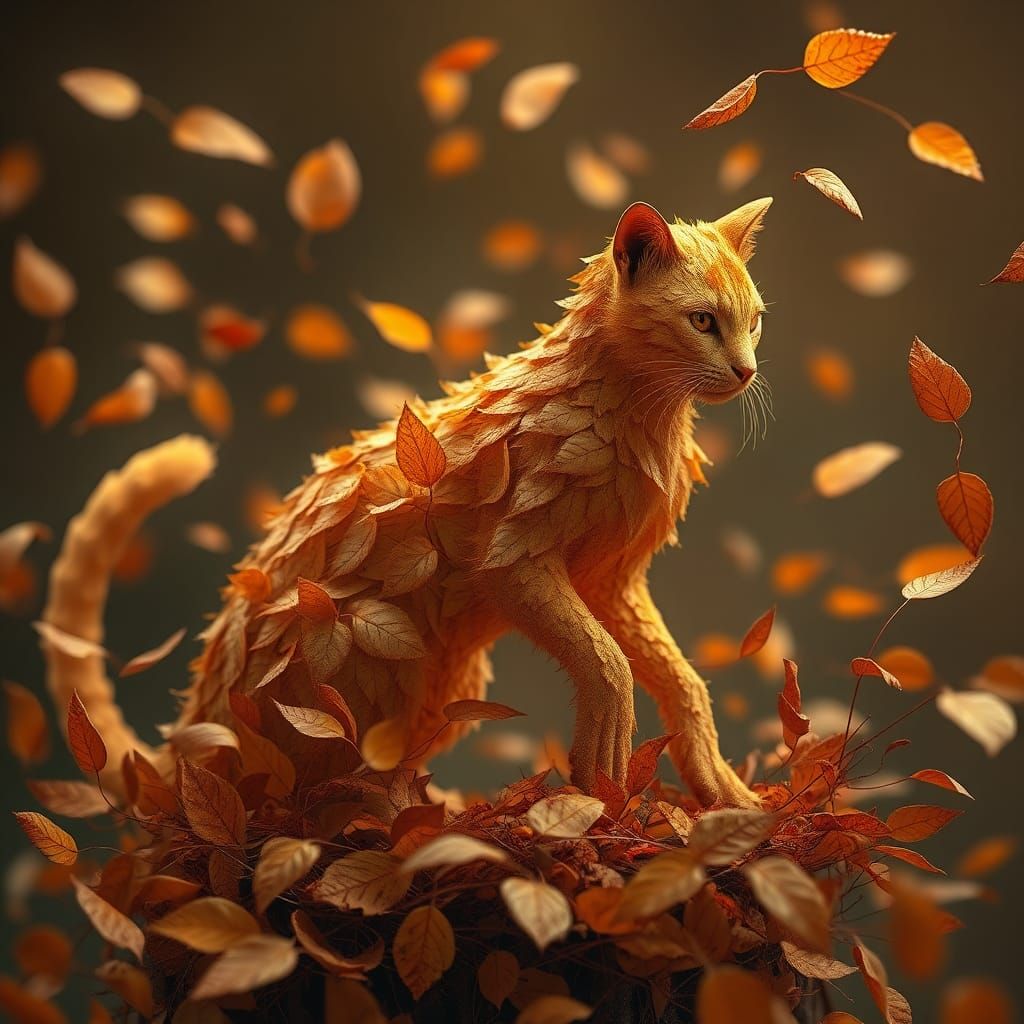 Autumnal Leaf Cat in Digital Art Style