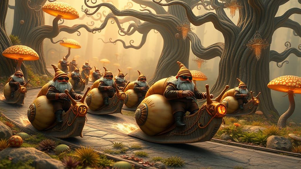 Whimsical Gnome Snail Racing in a Dreamlike Steampunk Landsc...