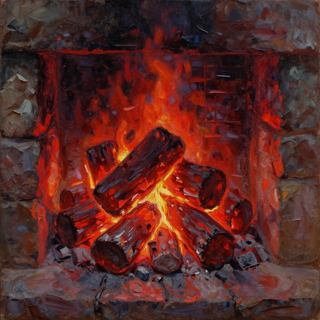 Fiery Log Coals Glow in Stone Hearth