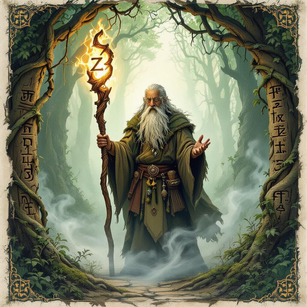 Mystical Forest Shrine With Glowing Staff, Tapestry Style