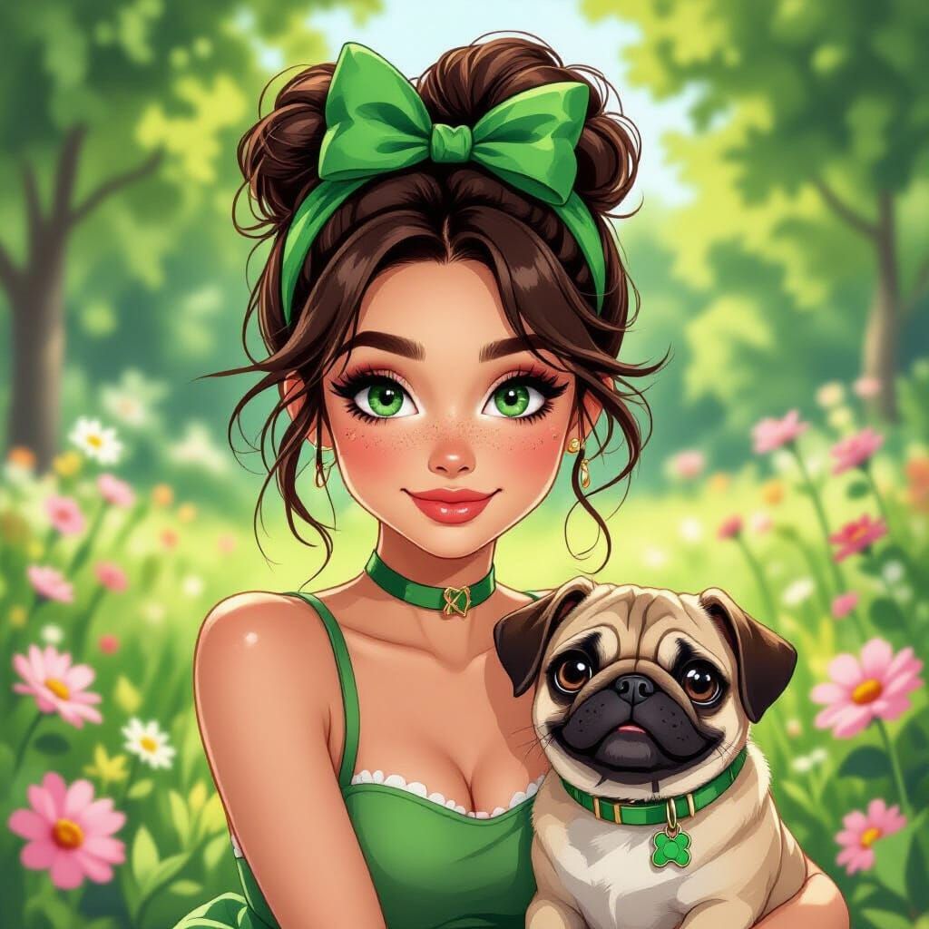 Gwen Stacy and Her Pug in Whimsical Style