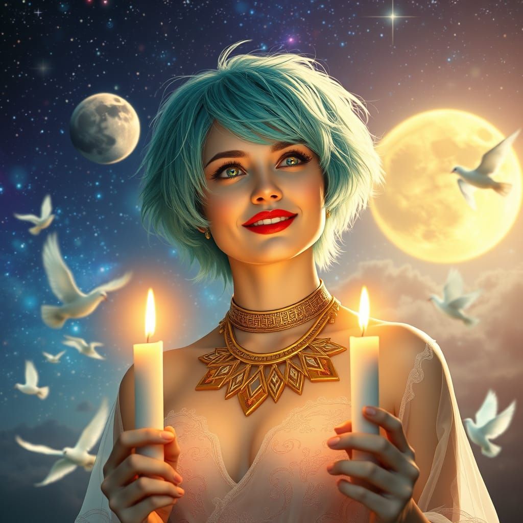 Ethereal Cosmic Goddess with Seafoam Hair and Golden Glow