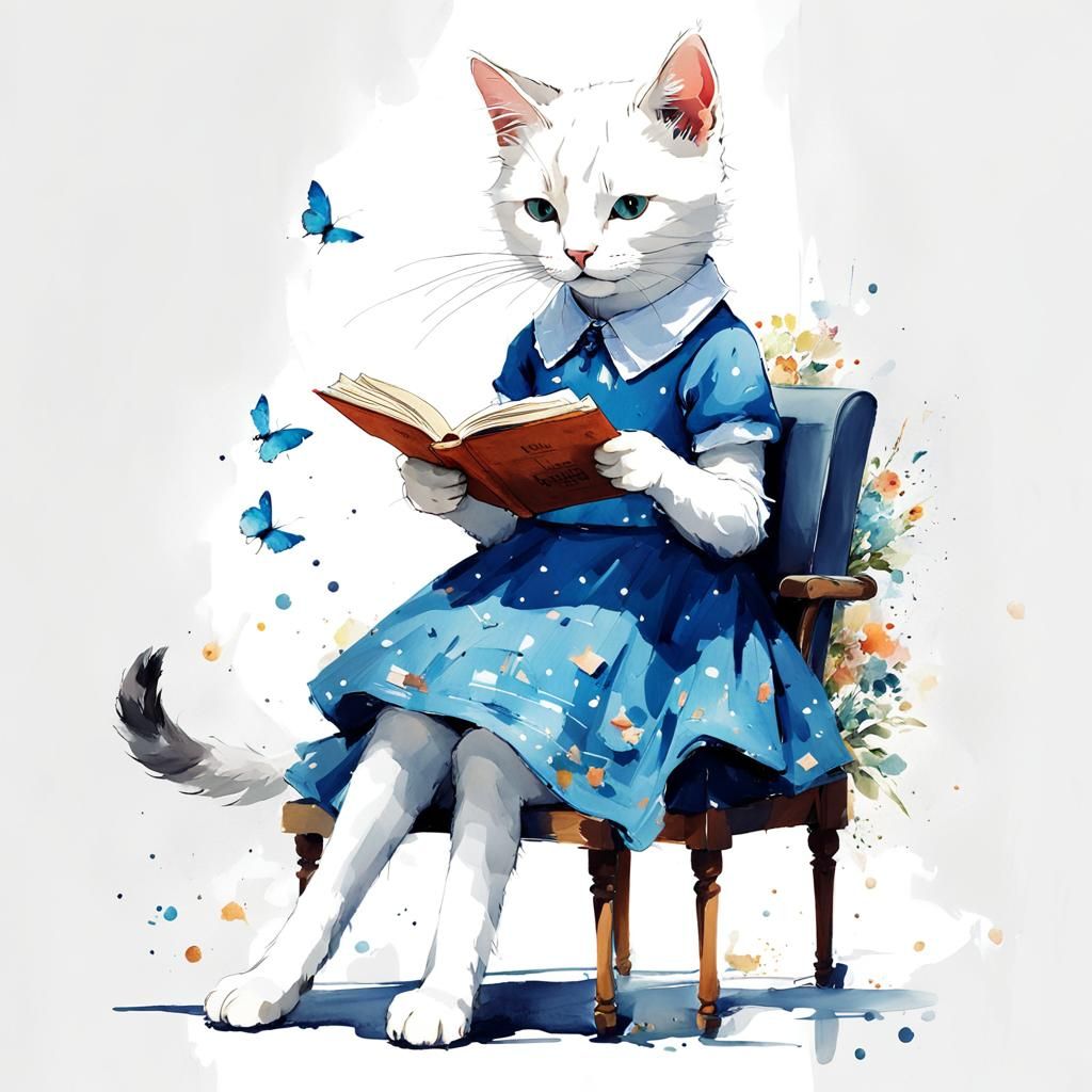 Cute Cat Reading a Book in Watercolor Splash Art