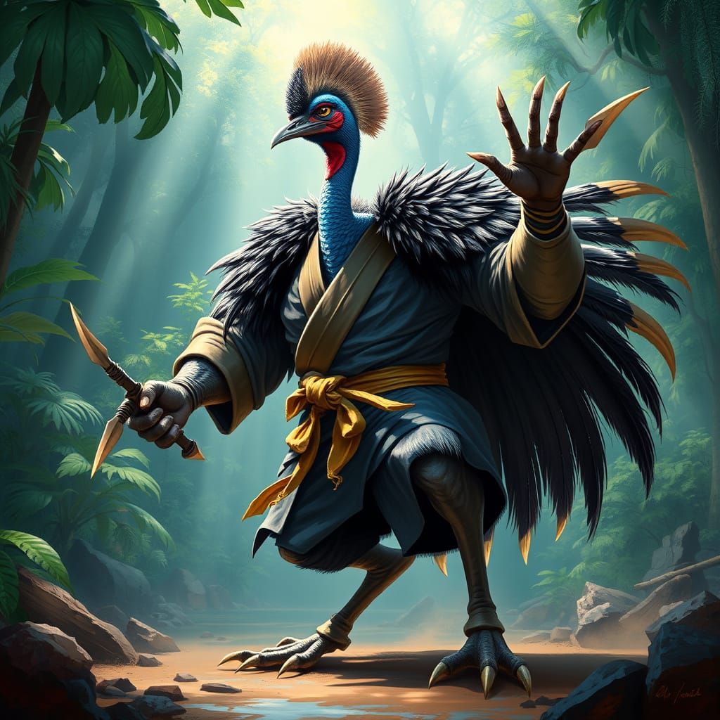 Cassowary Warrior in Rainforest Dojo, Fantasy Art