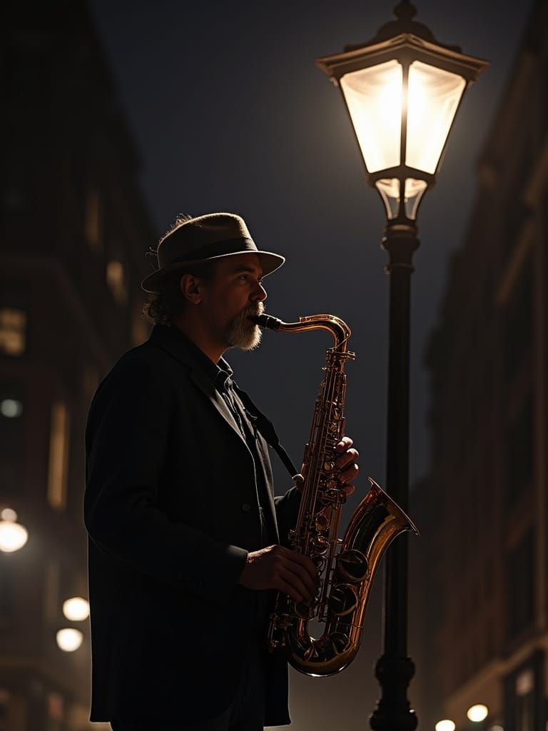 Saxophonist Under Vintage Streetlight in Urban Night