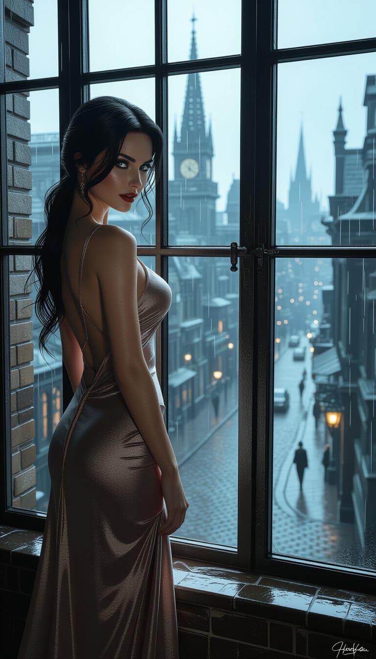 Seductive Figure in Gothic City Noir