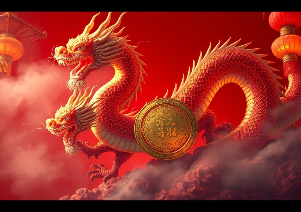 Majestic Chinese Dragon on Red Background: Fantasy Art