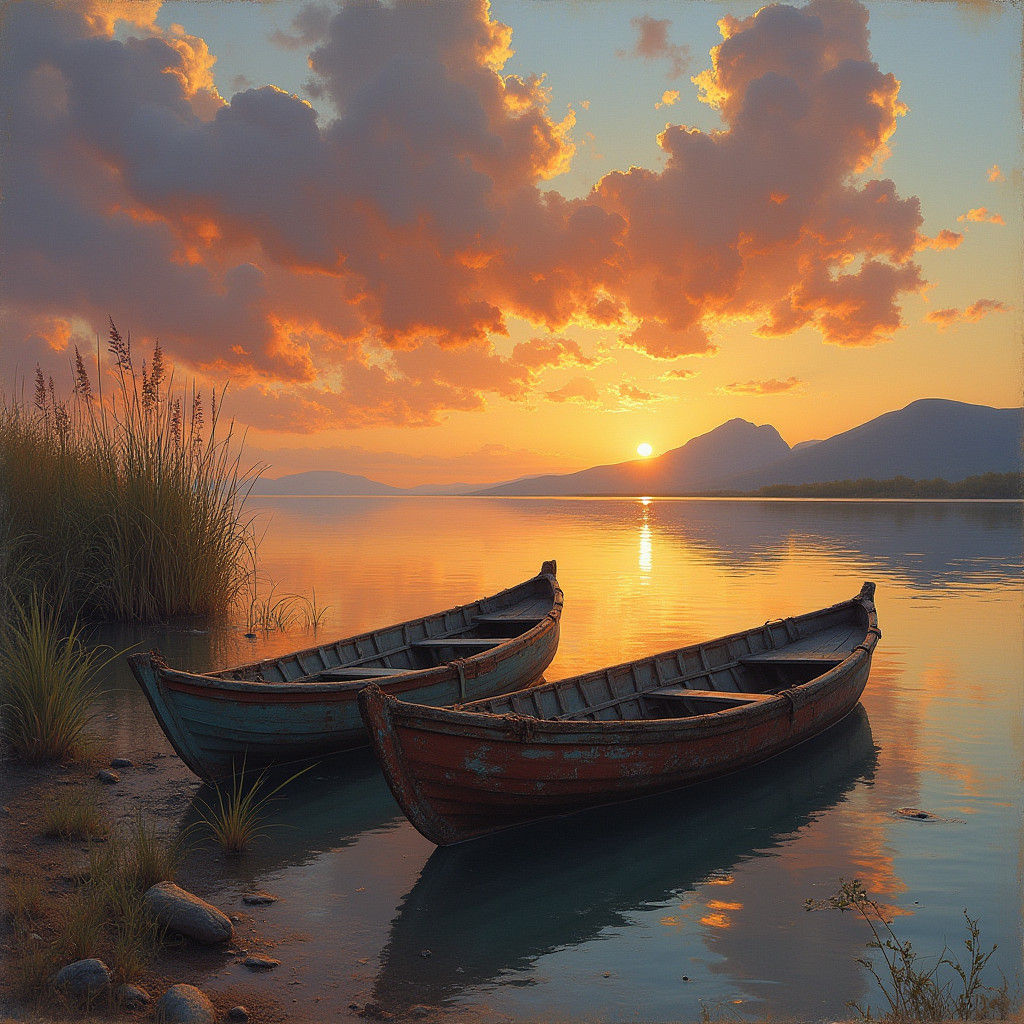 Sunset Reflections: Two Boats on a Calm Lake