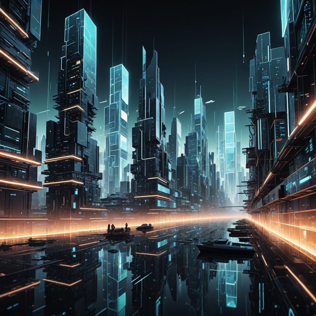 Surreal Digital City Built From Floating Code and Holograms