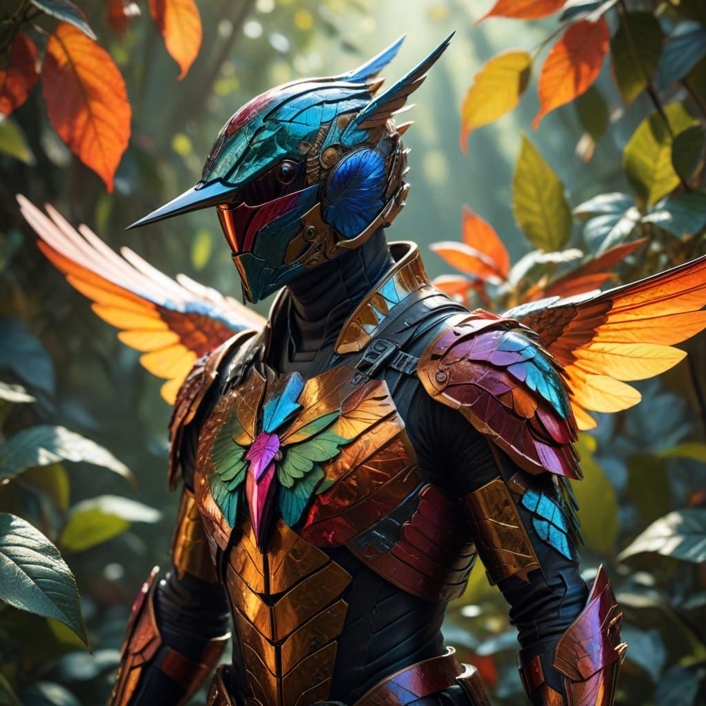 Vibrant Hummingbird Rider in Sunlit Leaves