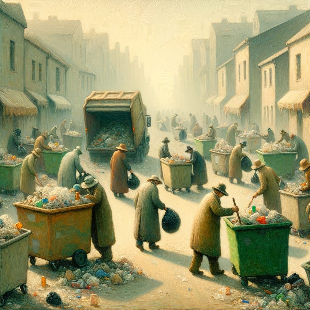 Whimsical Impressionist Painting of Diverse Garbage Collecto...