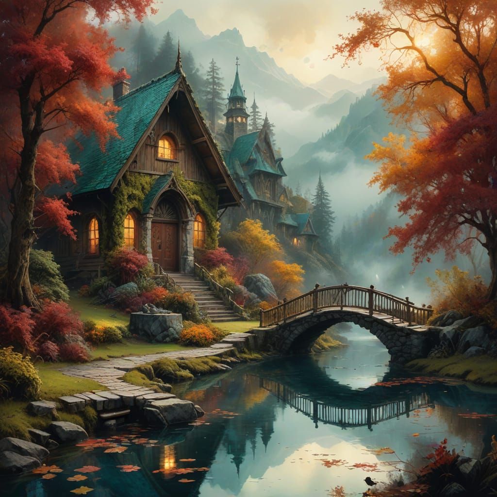 Ethereal Swiss Chalet in a Foggy Autumn Night