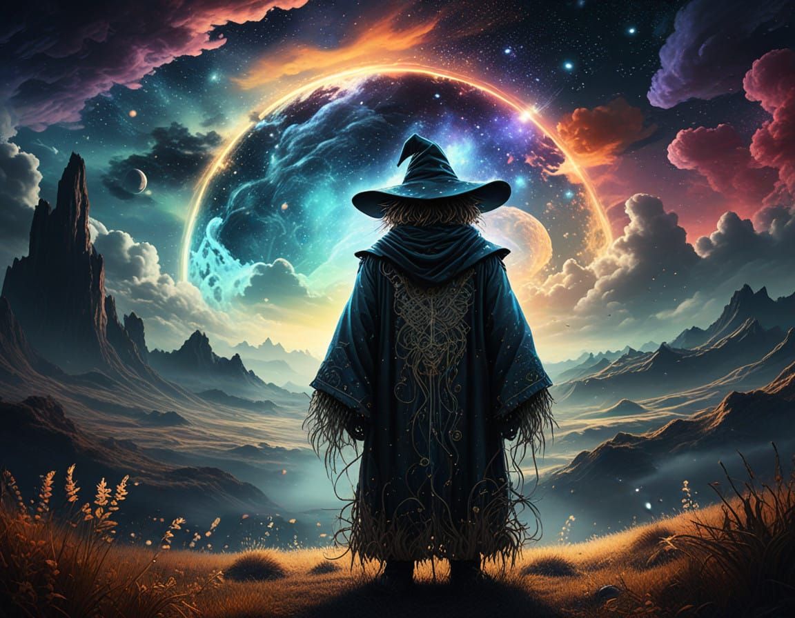 Cosmic Scarecrow in Vibrant Astral Landscape