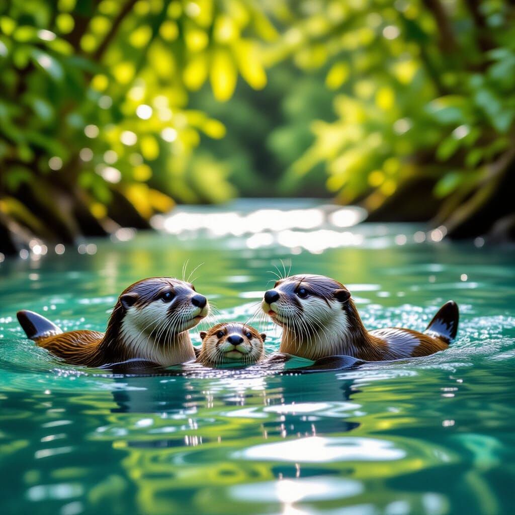 Playful Otter Family in Shimmering River