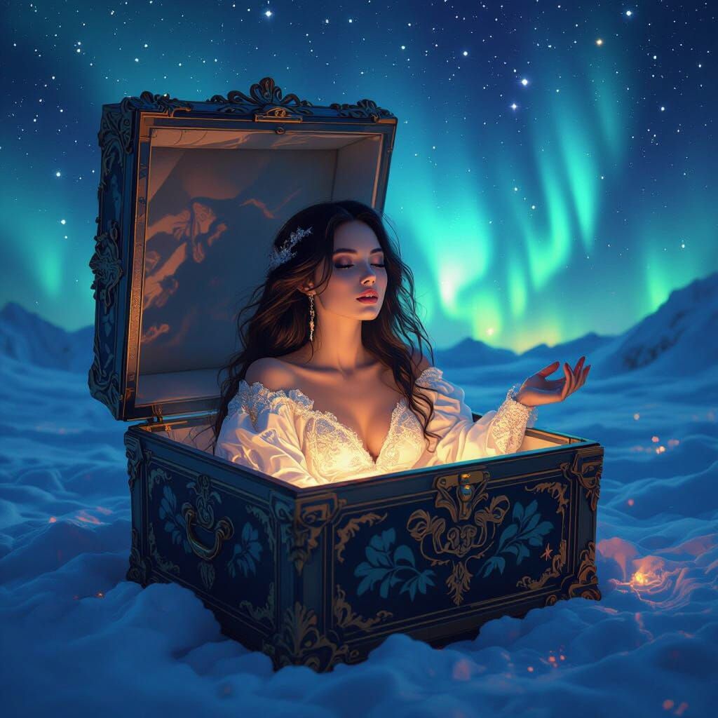 Mystical Woman in Aurora Dream Box, Surreal Digital Art