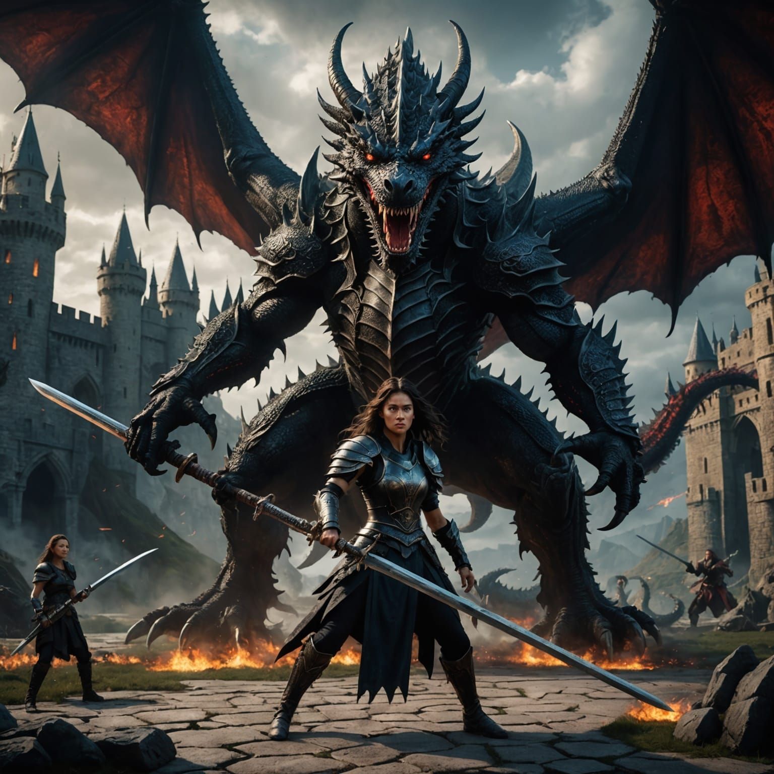 Black Dragon and Woman Warrior in Dark Fantasy