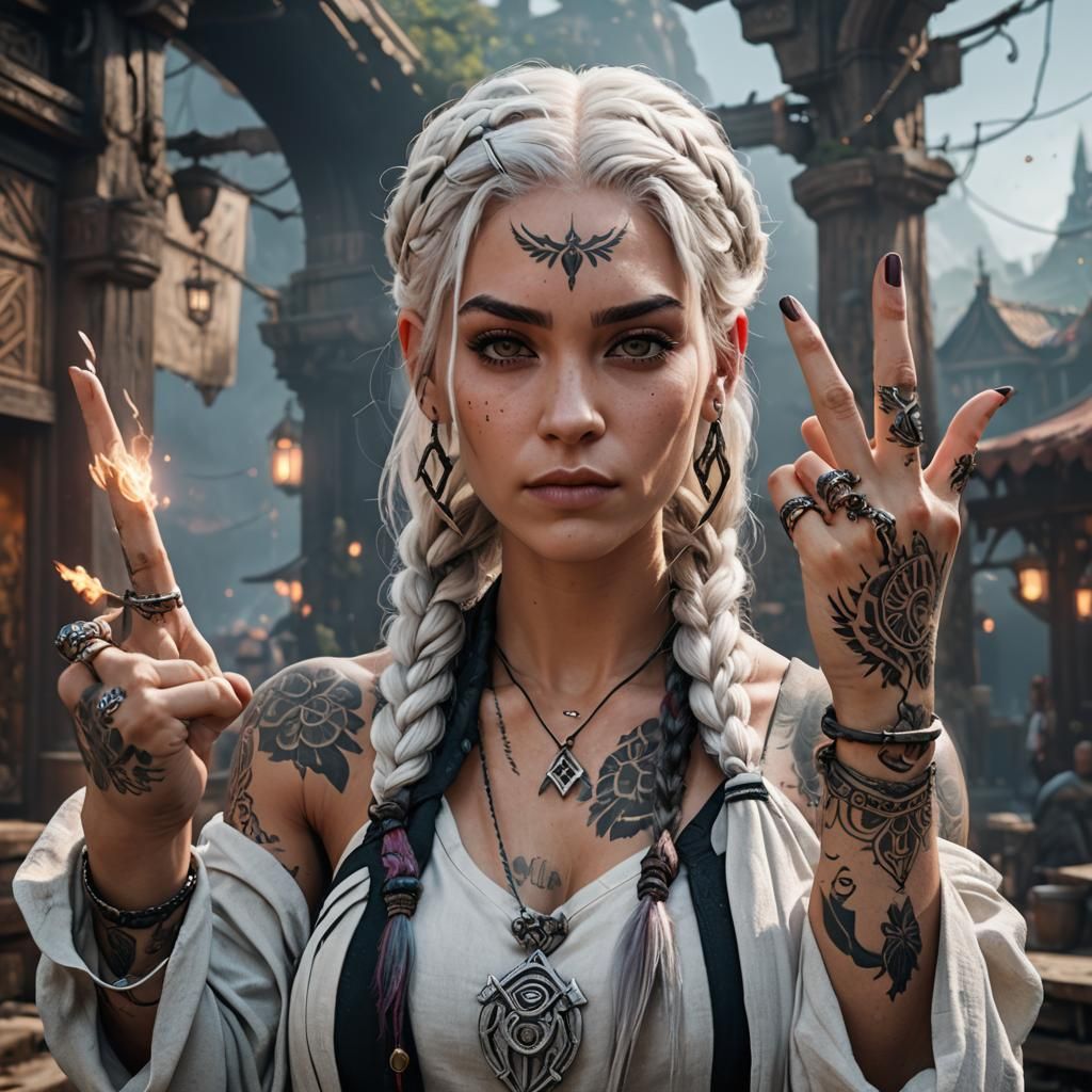Tattooed Girl with Braids Points Middle Finger